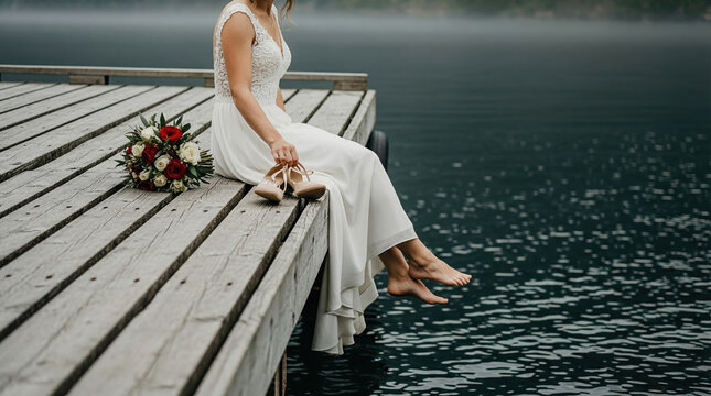 Woman bride sitting on a wooden pier with bare feet touching calm lake water, holding shoes. Serene wedding day scene, nature outdoor.