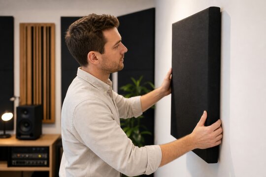 Young man installing black acoustic panel on wall in a professional recording studio to improve sound quality and reduce echo for music production or podcasting