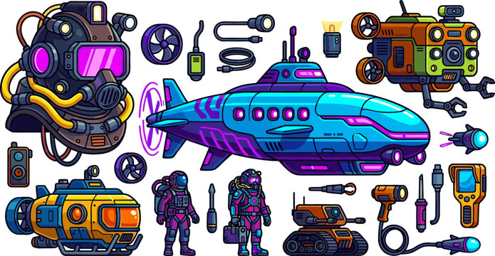 Futuristic Sci-Fi Deep Sea Exploration Vector Set with Submarines, Diving Helmets, Underwater Robots, and Neon Scuba Gear for Gaming Level Designs