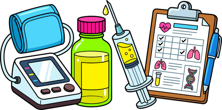 Medical Diagnostics and Healthcare Equipment Set with Blood Pressure Monitor, Medicine Bottle, Vaccine Syringe Injection, and Clipboard Report Vector Illustration