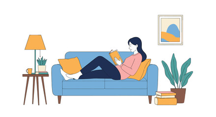 Obraz premium Young woman relaxing on a blue sofa while reading an interesting book in a cozy living room decorated with houseplants and a stylish lamp.