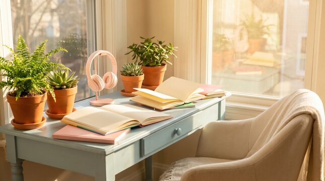 Cozy home office desk bathed in warm sunlight with plants and open books, creating a peaceful study atmosphere