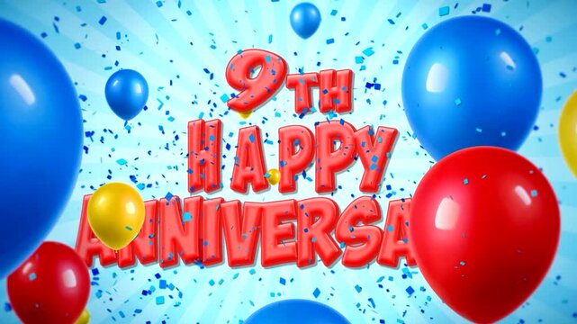 Festive 9th happy anniversary celebration with red balloons and blue confetti falling on a bright blue background.