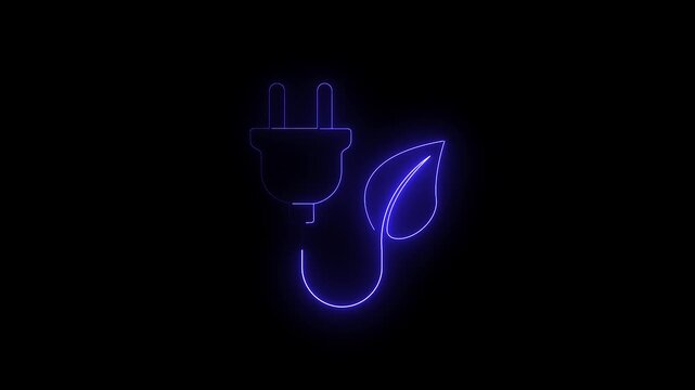 Electric plug with leaf 4K animation video featuring glowing neon line art background loop