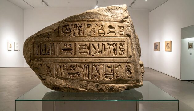 Meticulously recreated replica of the Rosetta Stone fragment featuring ancient Egyptian hieroglyphs and inscriptions on display