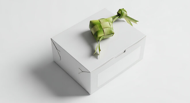Ketupat decoration on a white gift box.