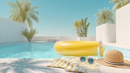 Obraz premium Swimming pool with a Yellow Pool Float and Straw Hat and essentials