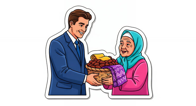 Man gives basket of food to elderly woman.