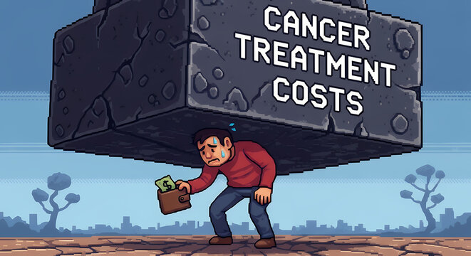 Man struggling under heavy weight of cancer treatment costs.