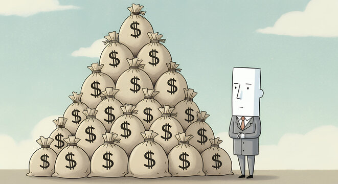 Man with Square Head Standing Next to Giant Money Stack.