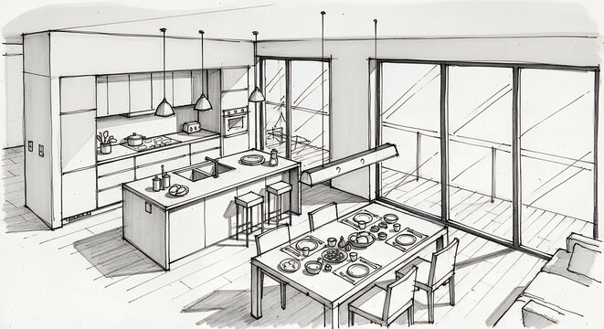 Modern Kitchen and Dining Area Sketch.