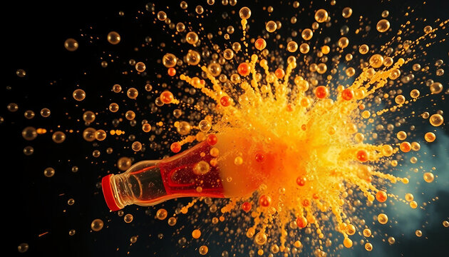 Juice bottle explosion on black. Bubbles and juice splash in all directions