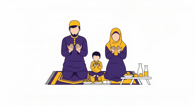 Muslim Family Praying Together on Prayer Mat.