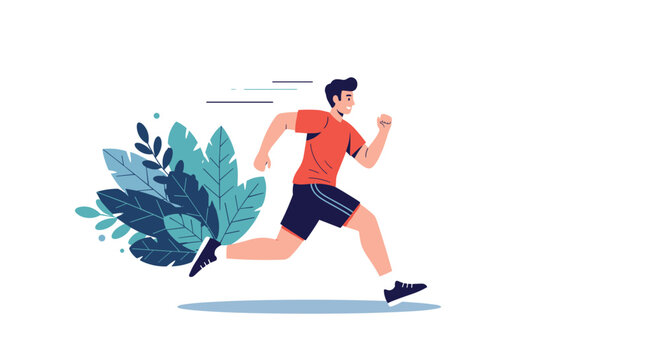 Athletic man running fast outdoors past leafy green plants for cardio exercise, physical fitness training, and a healthy active lifestyle.