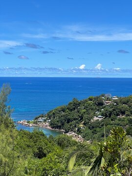 Views from observation decks of islands, ocean, and sky in Vallee de Mai National Park (UNESCO World Heritage Site) in central Praslin Island, Seychelles
