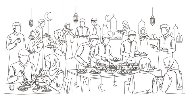 Ramadan Iftar Gathering Sketch of People Sharing a Meal.