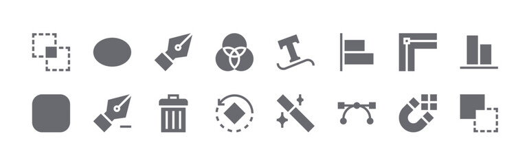 Fototapeta premium 16 solid Vector Editing icons for web, app and interface design featuring intersect, rounded rectangle, ellipse, delete point, pen tool. Filled vector collection