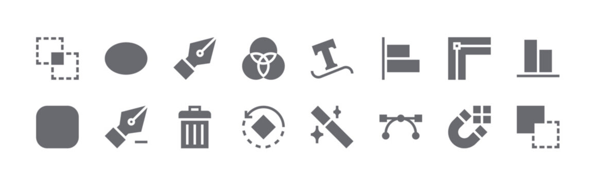 16 solid Vector Editing icons for web, app and interface design featuring intersect, rounded rectangle, ellipse, delete point, pen tool. Filled vector collection