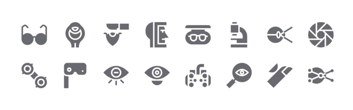 16 solid Optometrist icons for web, app and interface design featuring eye glasses, lens holder, eye, multiestenope, eye surgery. Filled vector collection