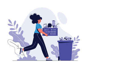 Fototapeta premium Young woman carrying a wooden crate full of household items to a recycling bin for sustainable waste management and environmental care.