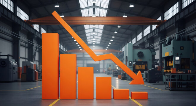 Orange bar chart with downward arrow showing decline in industrial production.
