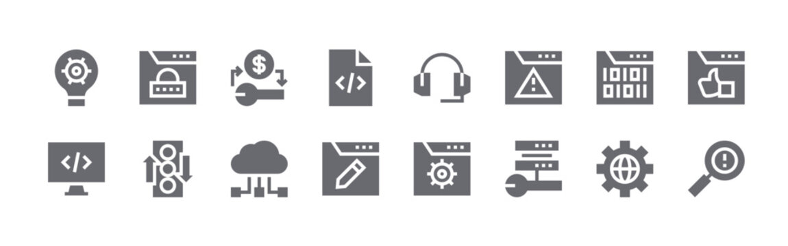 16 solid Web Maintenance icons for web, app and interface design featuring idea, monitor, padlock, traffic light, swap. Filled vector collection
