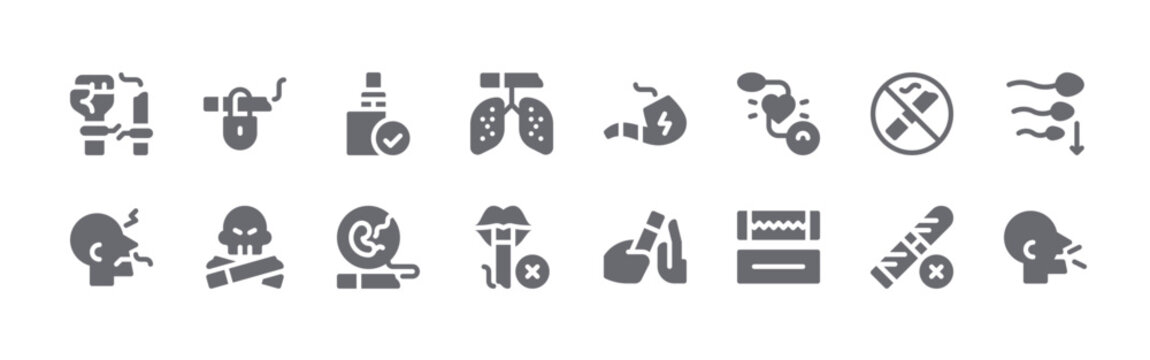 16 solid Quit Smoking icons for web, app and interface design featuring quit smoking, smell, quit smoking, cigarette, vaper. Filled vector collection