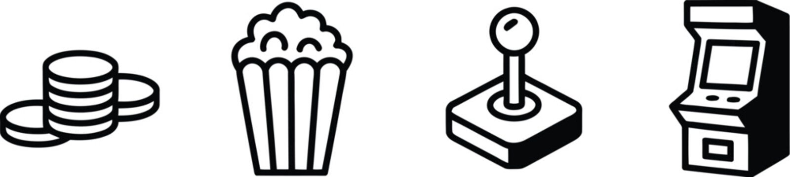 Retro arcade game icon set including line art of token coins popcorn container vintage joystick and gaming machine cabinet vector.
