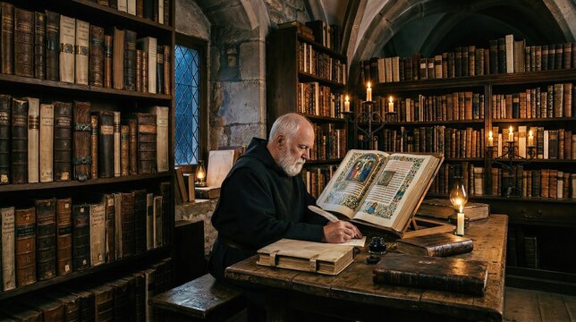 Elderly monk writing in an ancient illuminated manuscript inside a medieval library. Scholar working with a quill by candlelight surrounded by vintage leather books. Historical study concept.