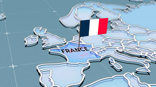 A 3D political map of Europe highlighting France in its national flag colors, france flag, france map, Nearby countries like Spain, Germany, and Italy, Western Europe,