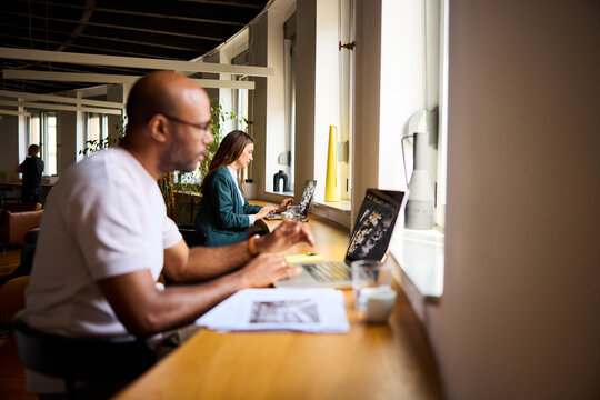 People work on their laptops in a modern office