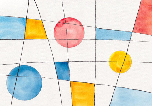 Abstract Watercolor Geometric Circles Primary Colors Art