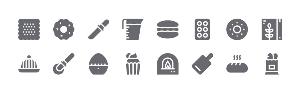 16 solid Bakery icons for web, app and interface design featuring biscuit, custard, cookie, pizza cutter, knife. Filled vector collection