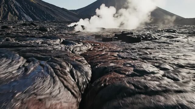 Aerial view of solidified lava field with wavy pahoehoe textures, dark igneous rock, and steam rising from geothermal vents amidst a rugged volcanic mountain landscape.
