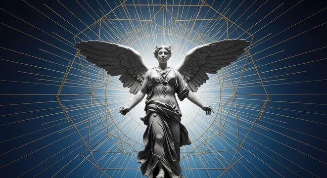 Angel statue with wings in geometric light rays.