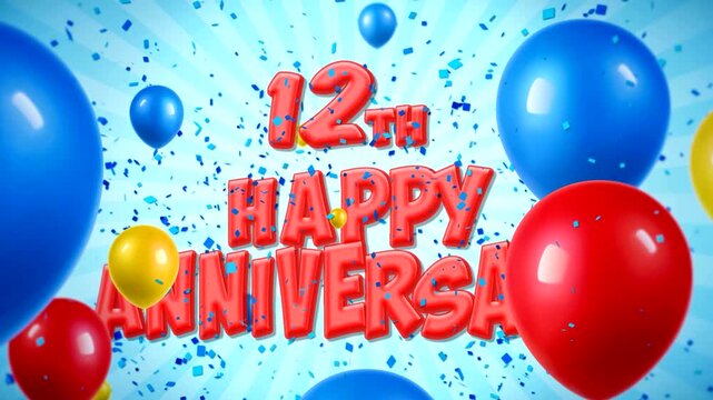 Festive 12th happy anniversary celebration with red balloons and blue confetti falling on a bright blue background.