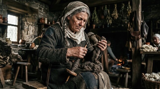Elderly woman spinning wool with hand spindle in rustic cottage. Medieval peasant life and traditional handicraft. Historical reenactment of old domestic work in artisan workshop.