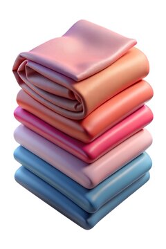 A stack of colorful folded fabrics in shades of pink, orange, and blue, isolated on white background parents day