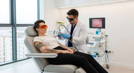Obraz premium Man laser tattoo removal process. Male doctor removing tattoo from woman arm. Concept of skin treatment and dermatology.