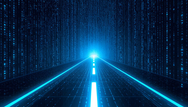 Futuristic digital highway leads through walls of binary code matrix streams. Glowing blue data path represents information technology infrastructure. Abstract cyber background for cloud computing.