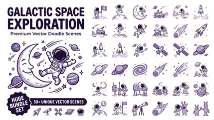 Set of 50 Galactic Space Exploration Astronauts and Planets Vector Doodles © Rafia