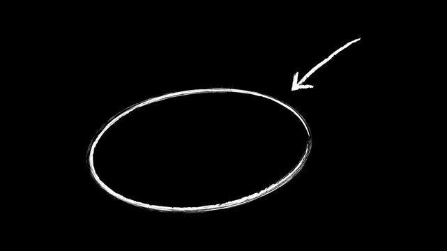 Animated white hand drawn oval circle highlight 4k video. Animation loop drawing with a pointing arrow on black background