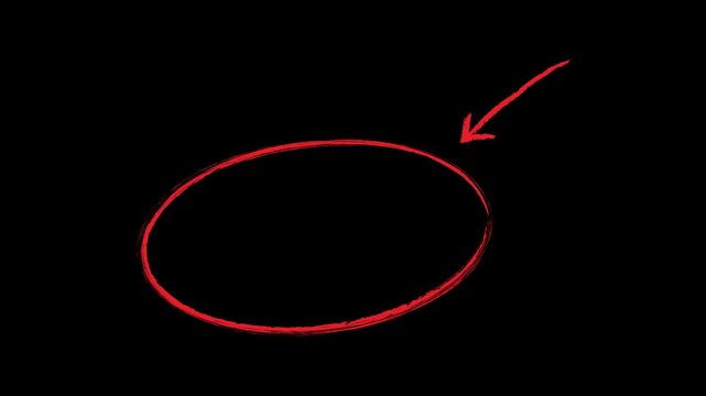Animated red hand drawn oval circle highlight 4k video. Loop drawing with a pointing arrow animation on black background for text emphasis.
