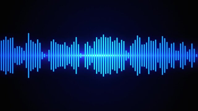Abstract sound background of blue glowing sound waves motion on black. Music background, audio waveform, and frequency spectrum. Futuristic sound visual, conversation, speech, and voice recording. 4k.