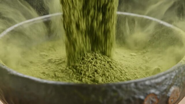 Macro shot of fine green matcha tea powder falling into a dark textured ceramic bowl. Detailed close-up of vibrant powder sifting onto the bottom against a black background.