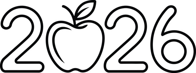 Obraz premium 2026 apple, outline vector, creative number typography with fruit icon for new year branding and modern design concepts.
