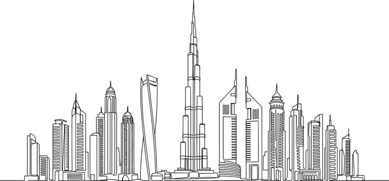Continuous line art vector illustration of Dubai city skyline featuring Burj Khalifa and iconic skyscrapers isolated on white background.