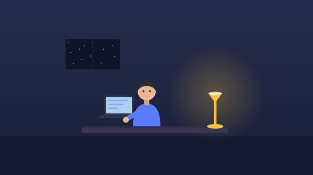 A man works late at night on his computer in a dark room with a video
