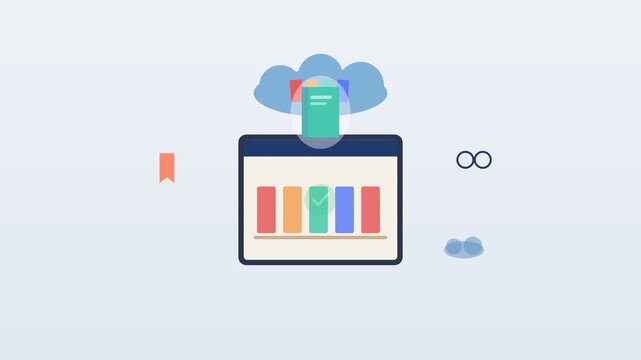 A video showcasing a laptop with a colorful bar chart on its screen surrounded by clouds and symbols