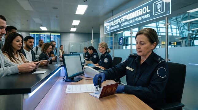 Passport control officer checks traveler documents at an airport immigration checkpoint with passengers waiting in line.